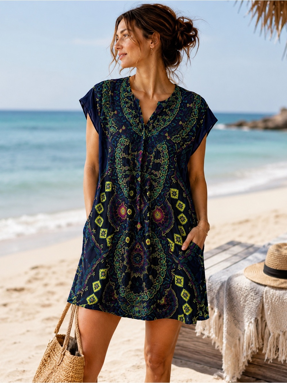 Maeve 100% Silk Printed Shift Dress XS Anthropologie Boho Tunic Mini fits Sz 4